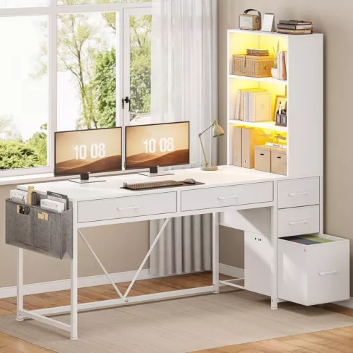 Computer Desk with 5 Drawers and Bookshelf, Home O